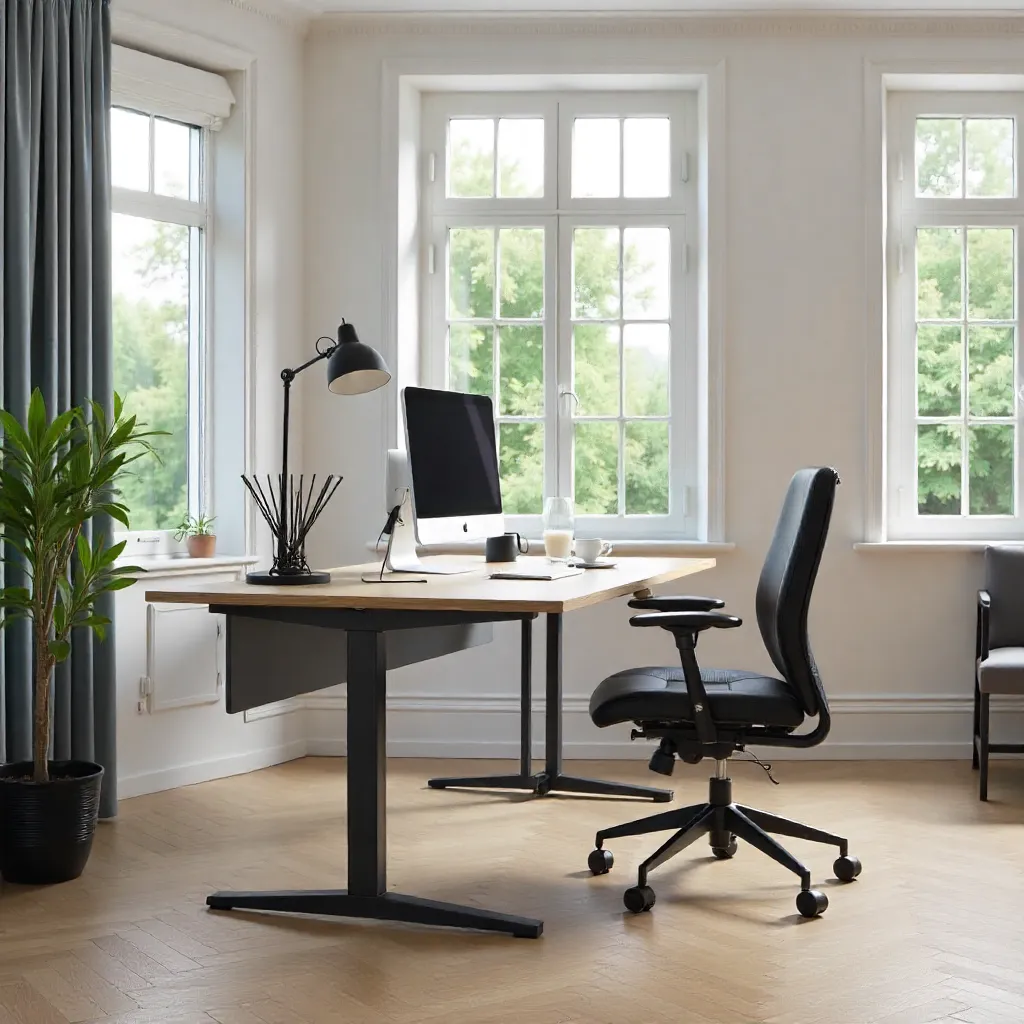 Modern ergonomic home office setup with adjustable desk and chair